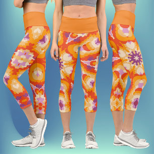 Leggings Capri Rétro Mandala rouge orange violet et jaune