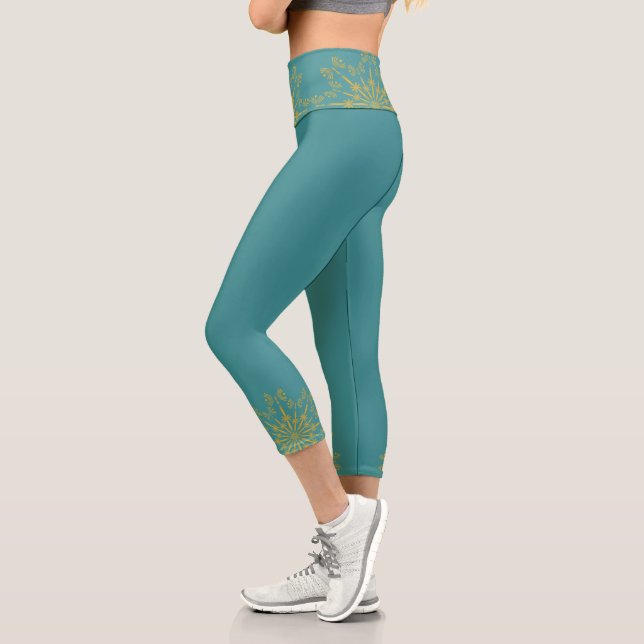 Leggings Capri Rétro Mandala Turquoise à haut taille Capris (Gauche)