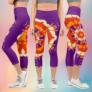 Leggings Capri Rétro Mandala violet rouge et orange