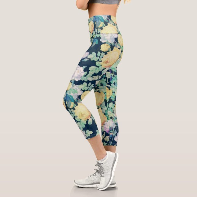 Leggings Capri Romantique Jaune Roses Blanches floral Bleu Design (Gauche)
