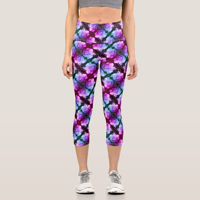 Leggings Capri Rose blanche avec Raindrops Art Floral Abstrait (Recto)