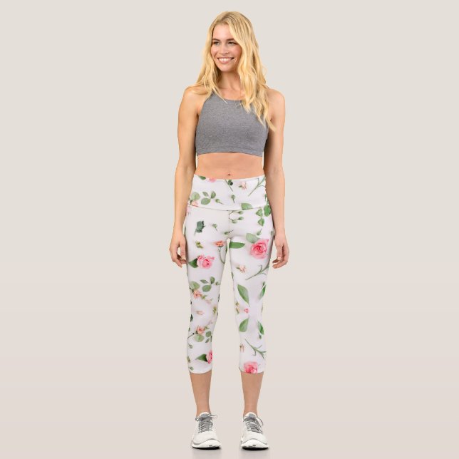 Leggings Capri Rose et zinnia motif floral sur arrière - plan bla (Recto)