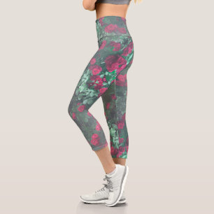 Leggings Capri Roses rouges pâles Fleurs Feuilles vertes