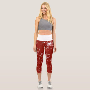 Leggings Capri Rouge avec Fleur transparente blanche