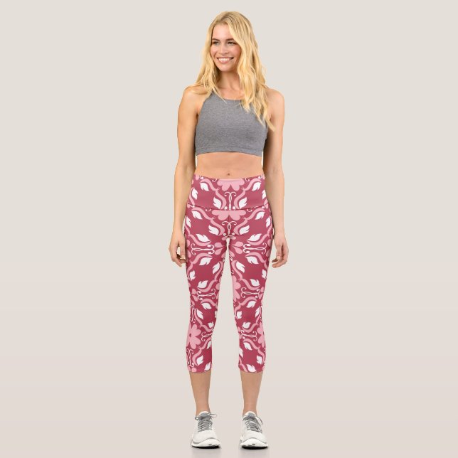 Leggings Capri Rouge, beige à fleurs, papier peint motif sans cou (Recto)