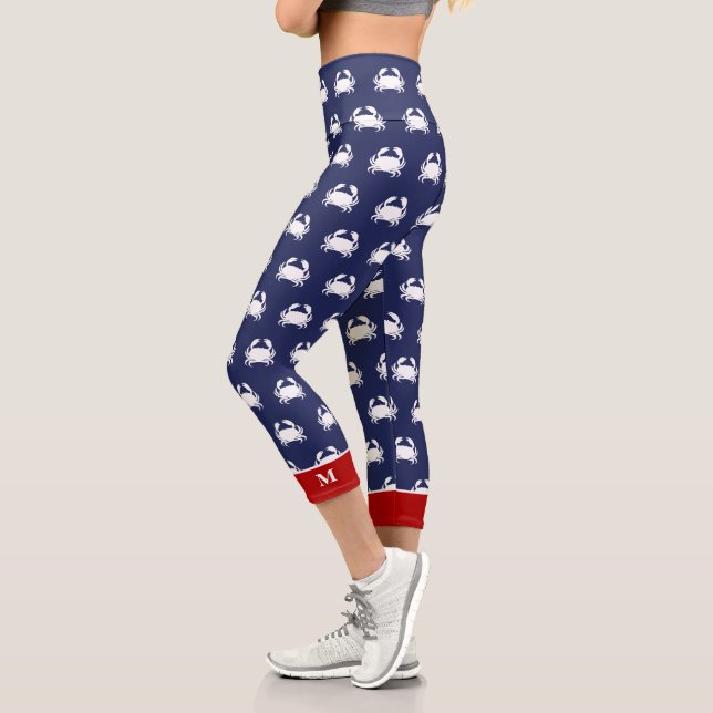 Leggings Capri Rouge Blanc Bleu Crabe Motif Nautique Personnalise (Gauche)