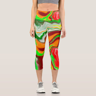 Leggings Capri Rouge, Vert, Bourgogne Marbre Coloré Fluid Art