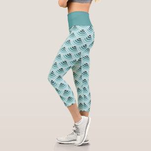 Leggings Capri Seafoam Blue Green Wave Circles Art Motif