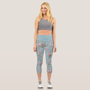 Leggings Capri Shabby Elegant rose et blanc Floral sur bleu