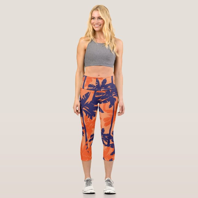 Leggings Capri Silhouette de palmier bleu, arrière - plan orange (Recto)