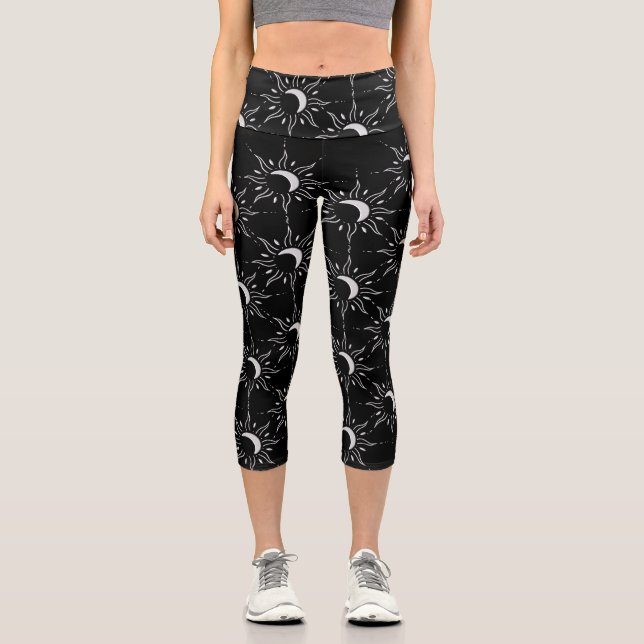 Leggings Capri Silver Sun Scattered Black Background (Recto)