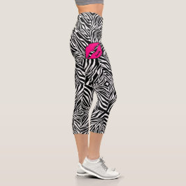 Leggings Capri Simple Zèbre avec lèvres roses Personnalisé