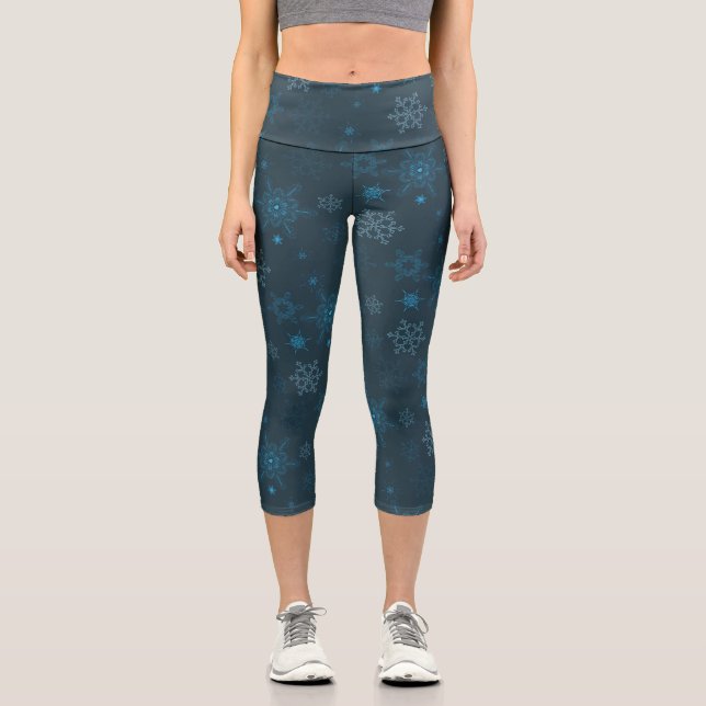 Leggings Capri Snowflake hiver bleu sans couture motif (Recto)