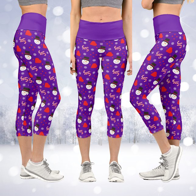 Leggings Capri Snowflakes Snowman Sucres de canne Arrière - plan  (Snowflakes Snowman Candy Canes Blue Background Capri Leggings)