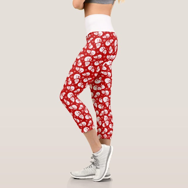Leggings Capri Snowman rouge et blanc avec Motif Snowflake (Gauche)