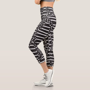 Leggings Capri Spots et bandes 2 en blanc sur noir