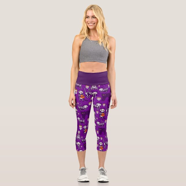 Leggings Capri squelette de chats d'halloween violet (Recto)