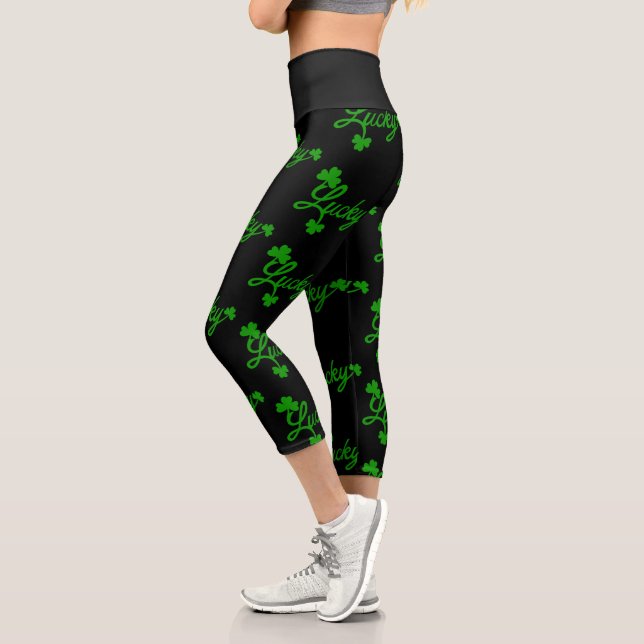 Leggings Capri St, Patricks Day Lucky Shamrock Green Clover Leaf (Gauche)
