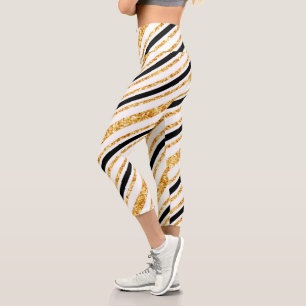 Leggings Capri Stripes Gold Parties scintillant Black Boho Popula