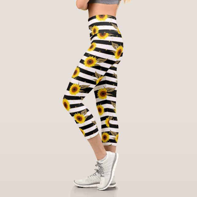 Leggings Capri Sunflowers with Black and White Horizontal Lines (Gauche)