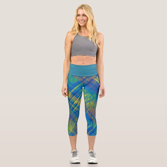 Leggings Capri Tartan Bleu Vert Jaune Plaid Turquoise (Recto)