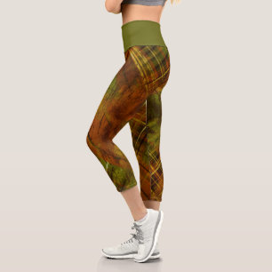 Leggings Capri Tartan Brown Green Check ceinture verte
