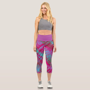 Leggings Capri Tartan Pink Purple Aqua Plaid Purple Wistband
