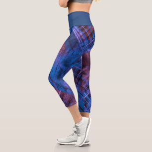 Leggings Capri Tartan violet bleu bordeaux plaid bande bleu ardoi