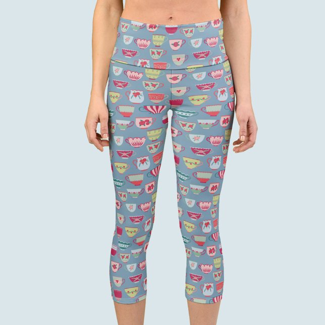 Leggings Capri Tea Cup Motif bleu (Teacup pattern fun yoga pants capri leggings)