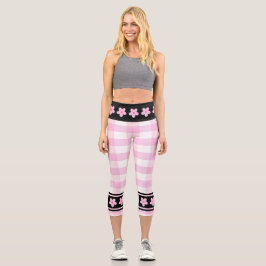 Leggings Capri Tendance rose blanc À damiers Motif avec fleurs