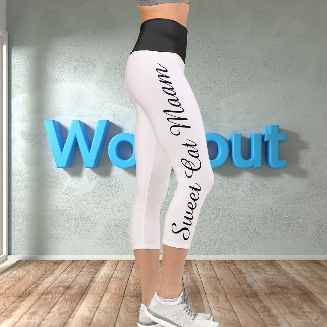 Leggings Capri Texte personnalisé de chat blanc noir personnalisé (Créateur téléchargé)