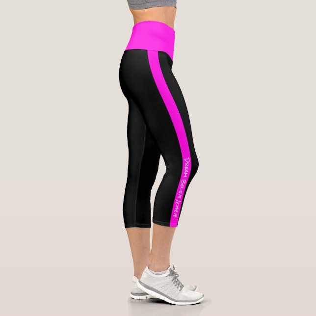 Leggings Capri Texte personnalisé Grilles roses en néon noir noir (Droite)
