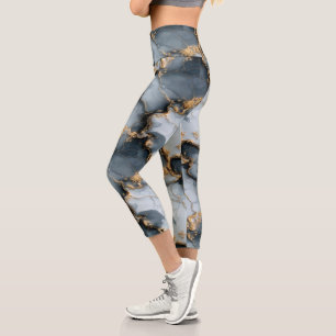 Leggings Capri Texture de marbre bleu foncé avec veines d'or liqu
