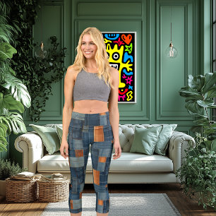 Leggings Capri Texture Tissé Bleu et Marron   Motif Rustique Mode