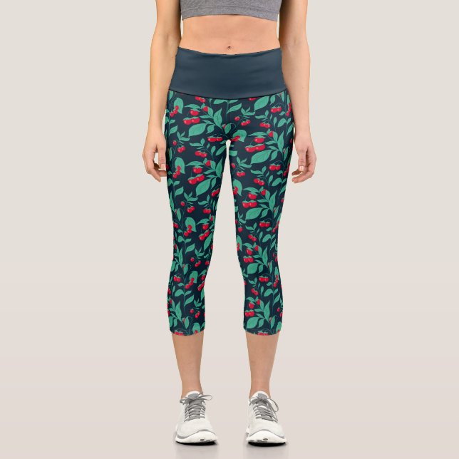 Leggings Capri tomates cerises motifs sur les buissons (Recto)