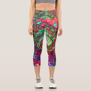 Leggings Capri Tourbillon liquide abstrait rétro groovy rouge aqu