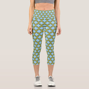 Leggings Capri Trellis bleu et jaune, treillis, Quatrefoil