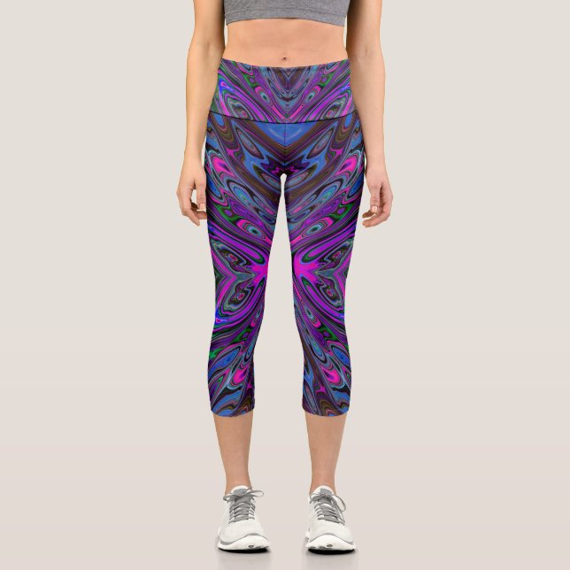 Leggings Capri Trippy Magenta, Bleu et Vert Papillon Abstrait (Recto)