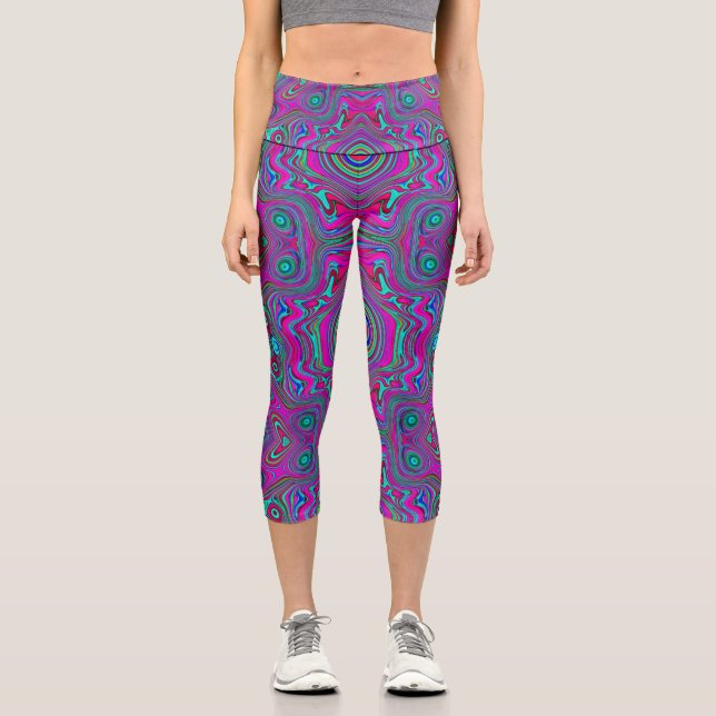 Leggings Capri Trippy Retro Magenta, bleu et vert Abstrait (Recto)