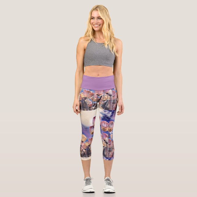 Leggings Capri Tulipes violettes rose et orange (Recto)