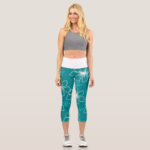 Leggings Capri Turquoise avec des fleurs transparentes blanches