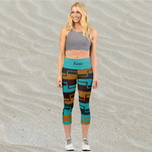 Leggings Capri Turquoise géométrique Noir et Brown