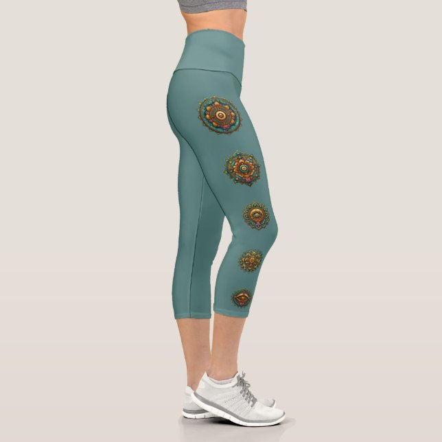 Leggings Capri Turquoise Gold Lotus Mandala Print Teal Activewear (Droite)
