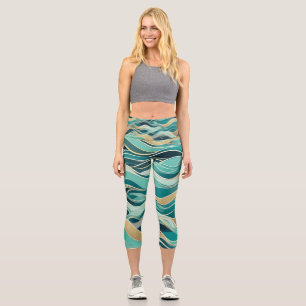 Leggings Capri Vague Abstrait Océan Turquoise Marin Vague de Mer