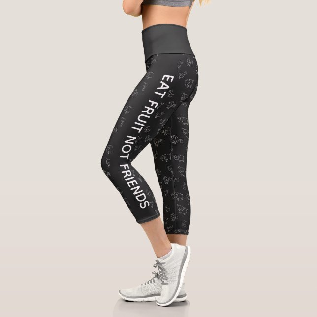 Leggings Capri Vegan Eat fruit pas amis caricature noir animaux (Gauche)