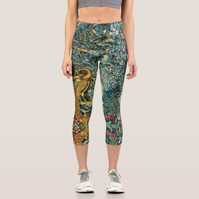 LEGGINGS CAPRI VERDURE, ANIMAUX FORESTIERS, PEACOCK EN VERT FLORA (Recto)