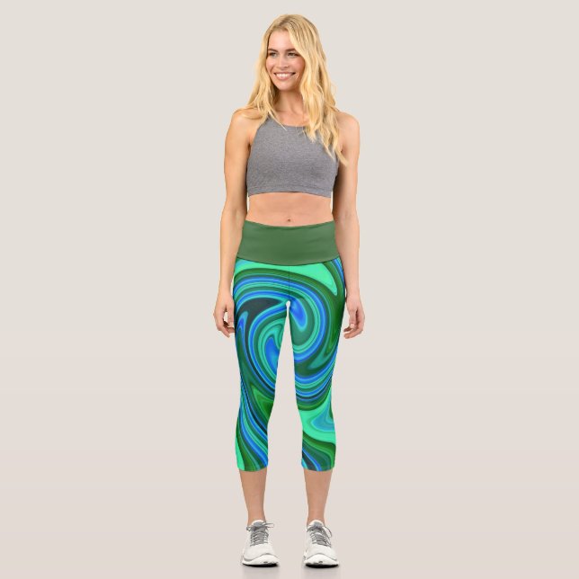 Leggings Capri Verte et Bleu - Cool Abstrait psychédélique (Recto)