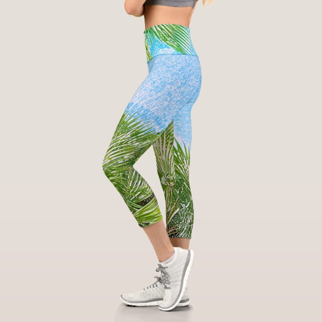 Leggings Capri Vibes d'été Palm Tree Feuilles Pale Green (Gauche)