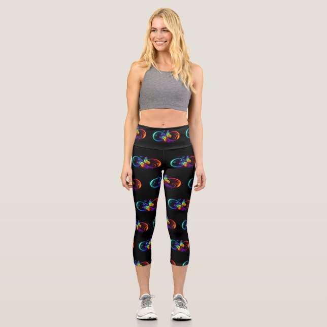 Leggings Capri Vibrant infinity with rainbow butterfly on black (Recto)