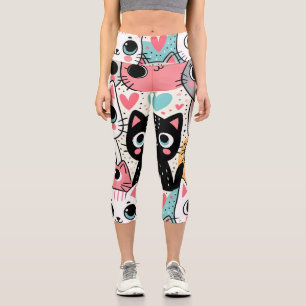 Leggings Capri Visages de chat mignons Kawaii et cœurs fantaisist